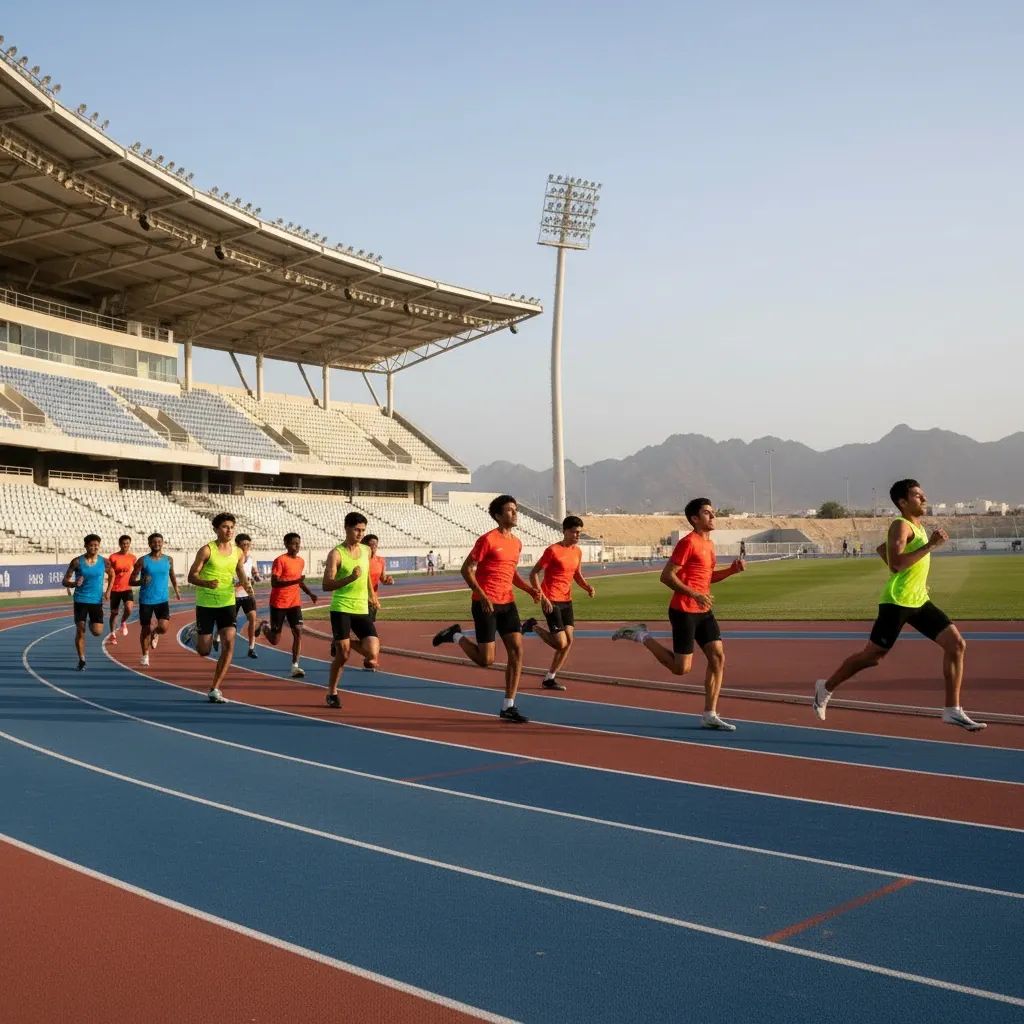 Young track athletes racing on synthetic track during UAE junior athletics championship