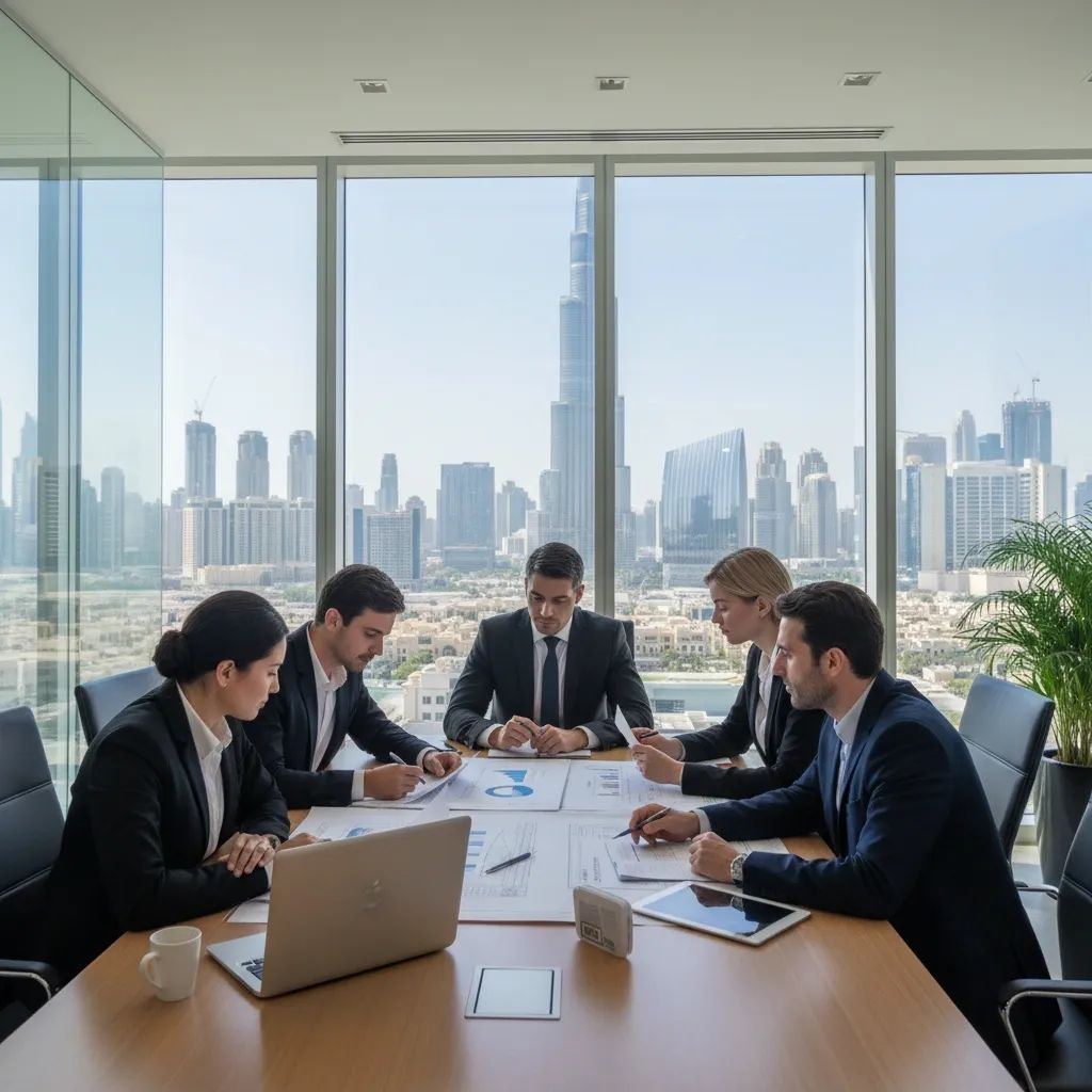 Business professionals reviewing R&D project documentation and financial analysis in modern UAE office