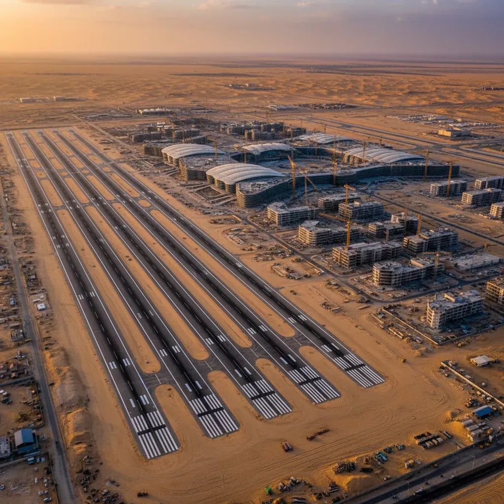 Aerial view of desert airport city under construction with multiple runways and modern buildings