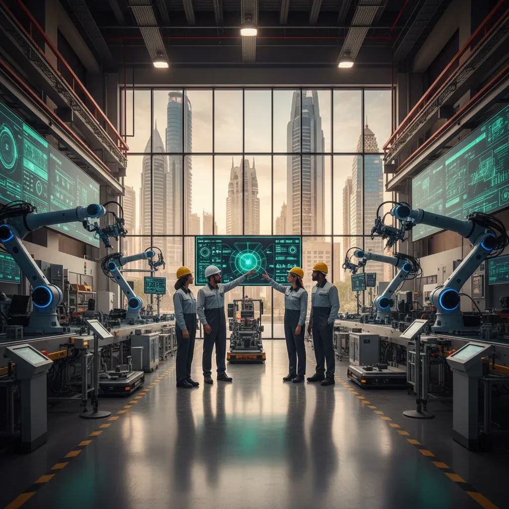 Modern UAE manufacturing facility with automated robotics and diverse workforce monitoring industrial production systems