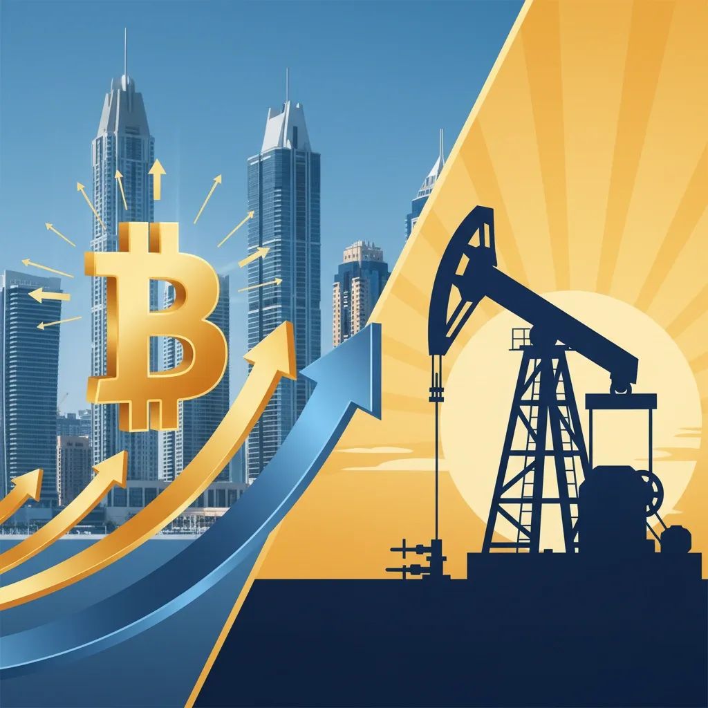 Bitcoin price chart trending upward with UAE skyline and oil market elements representing investment strategy