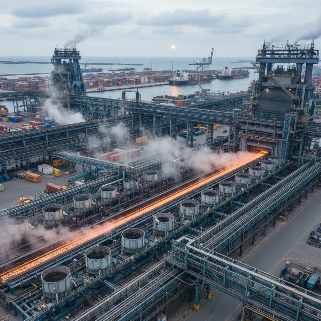 Industrial aluminium smelter facility with production equipment and maritime port operations in background