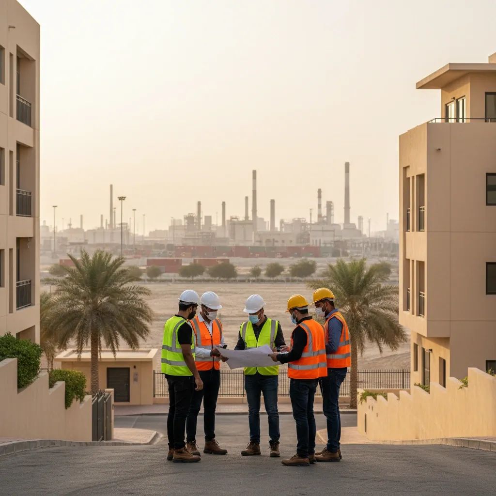 South Asian workers in Abu Dhabi discussing safety protocols near residential buildings with industrial zone in background