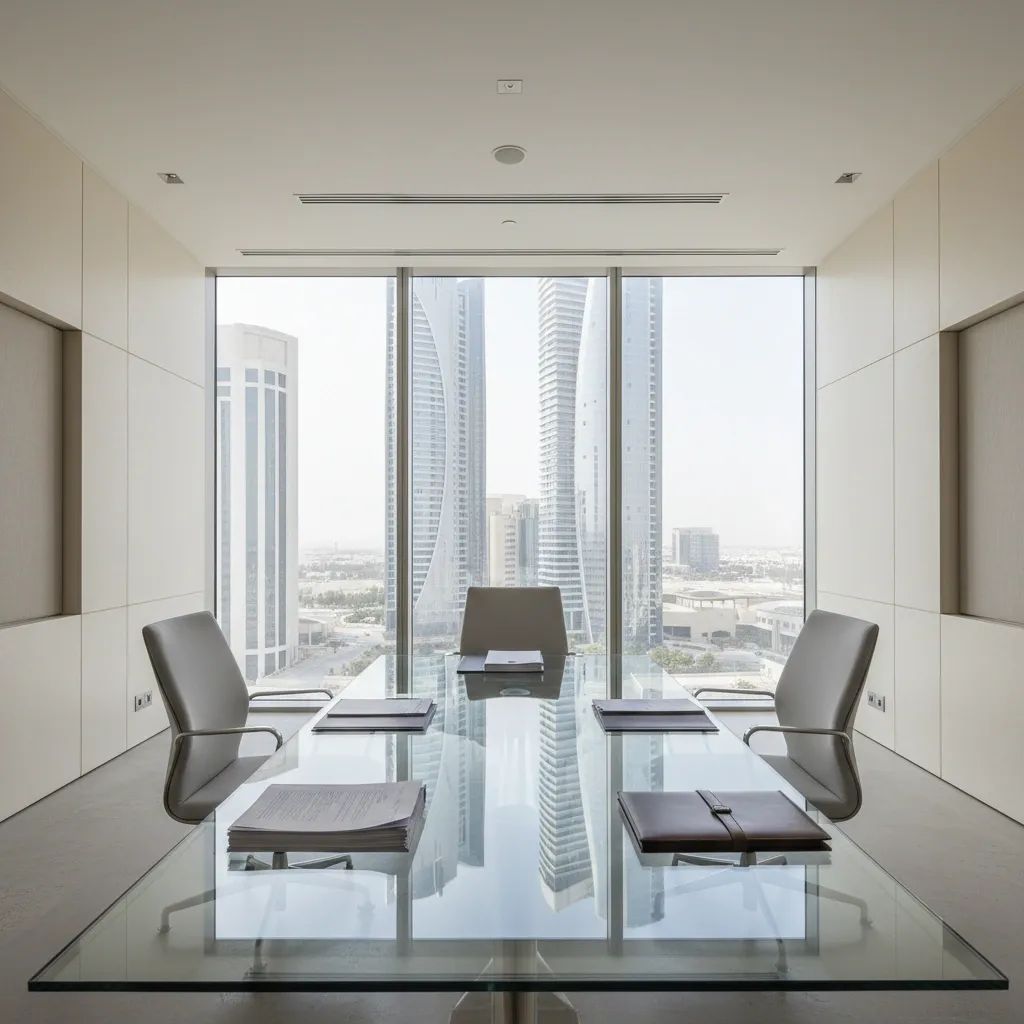 Modern diplomatic meeting room with negotiation table and professional interior, representing international negotiations
