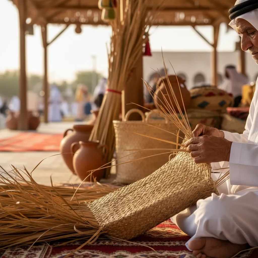 Emirati artisan weaving palm leaves into a traditional Al Jarab date bag at Sharjah Heritage Days pavilion