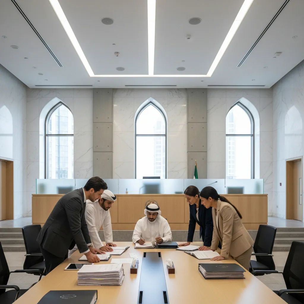 Abu Dhabi Labour Court interior with judges and legal professionals reviewing employment dispute cases