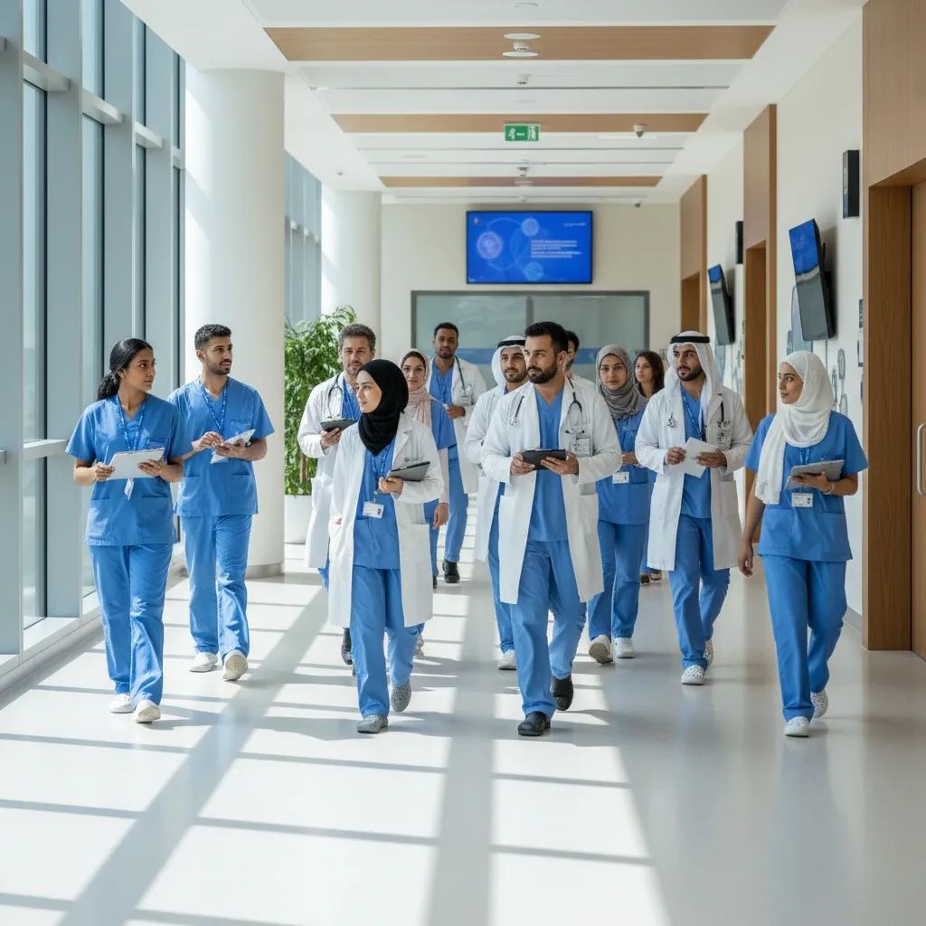 Modern UAE hospital corridor with medical staff walking in a clean, bright environment