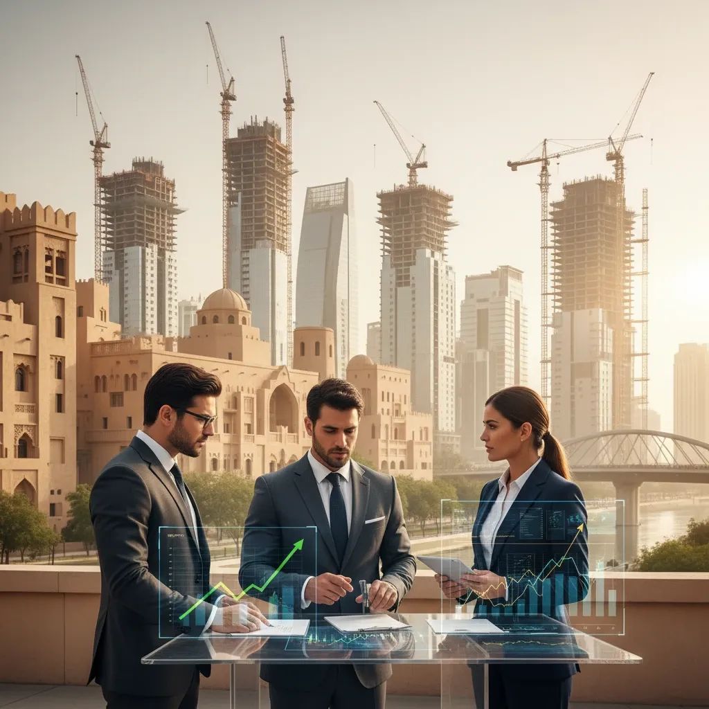 Modern infrastructure construction and business professionals representing economic recovery and investment opportunities