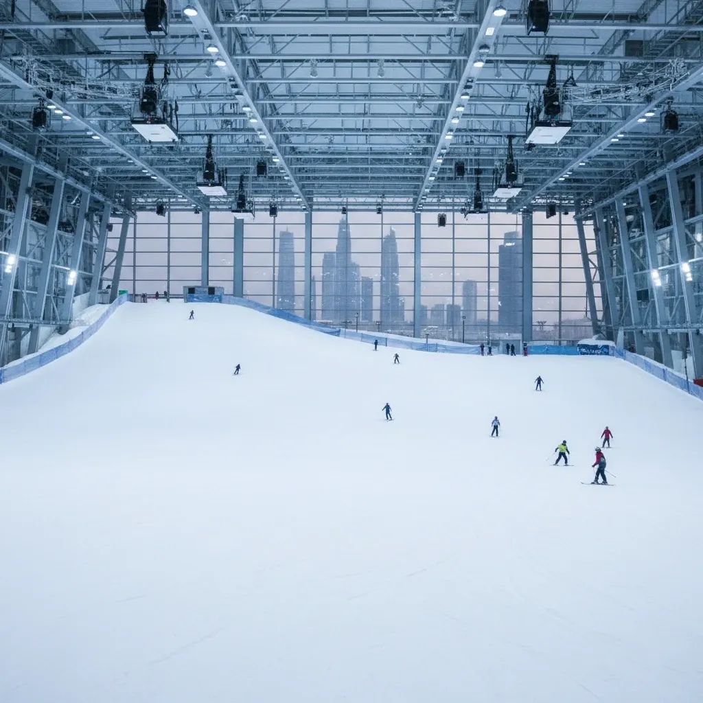 Wide interior view of Ski Dubai slope with skiers practicing, illustrating UAE’s growing winter sports scene