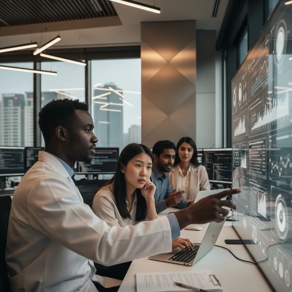 Professionals in a modern research laboratory conducting innovation work with technology and analytical tools