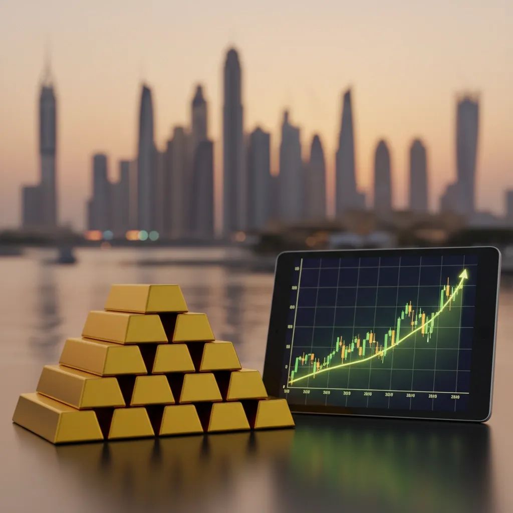 Gold bars stacked with faint Dubai skyline backdrop, symbolising rising UAE gold prices and investment interest