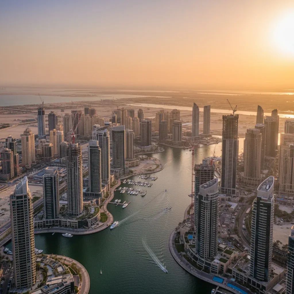 Aerial view of Dubai Marina’s rising residential towers and cranes reflecting the city’s booming real-estate market