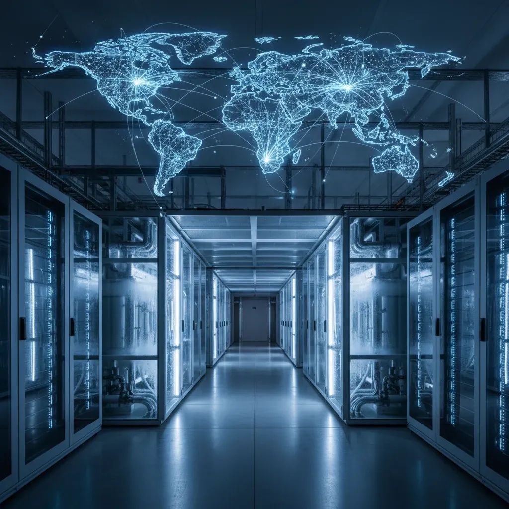 Data center server racks with advanced cooling infrastructure emphasizing thermal management systems
