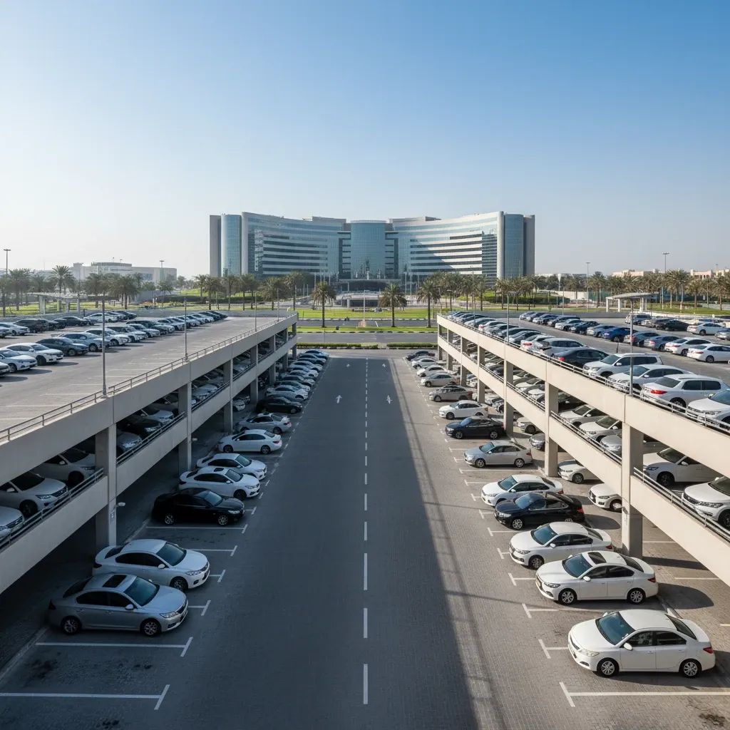Dubai Healthcare City parking lot with organized spaces and facility buildings in background