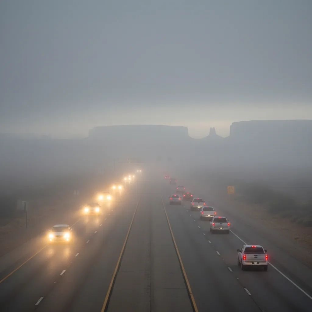 Highway vehicles driving through thick fog with headlights on and reduced visibility on UAE roads