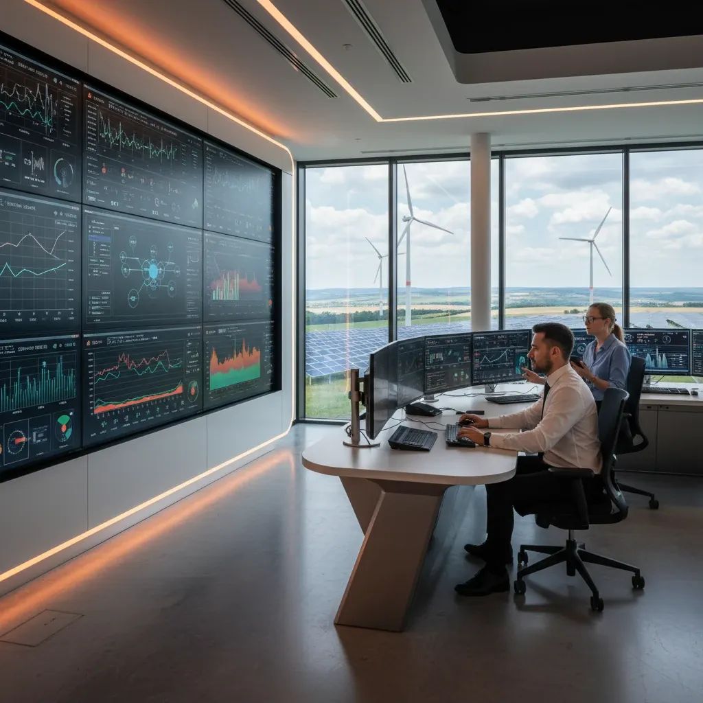 Modern power control room with AI energy management systems and renewable energy infrastructure monitoring displays