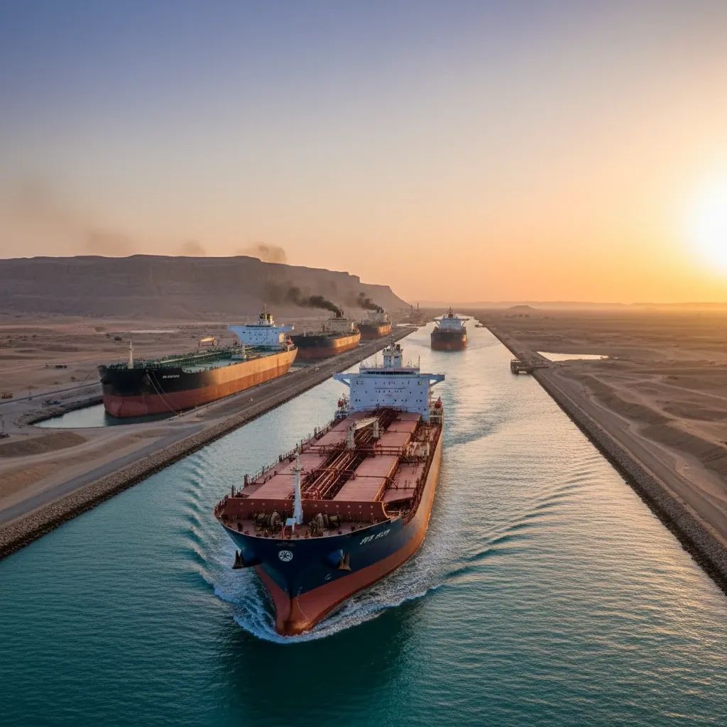 Cargo vessels navigating the Strait of Hormuz with oil tankers in the background