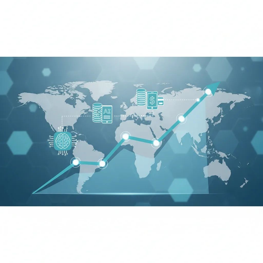 Digital growth chart showing e& revenue increase with symbols for AI, fintech, and global expansion markets