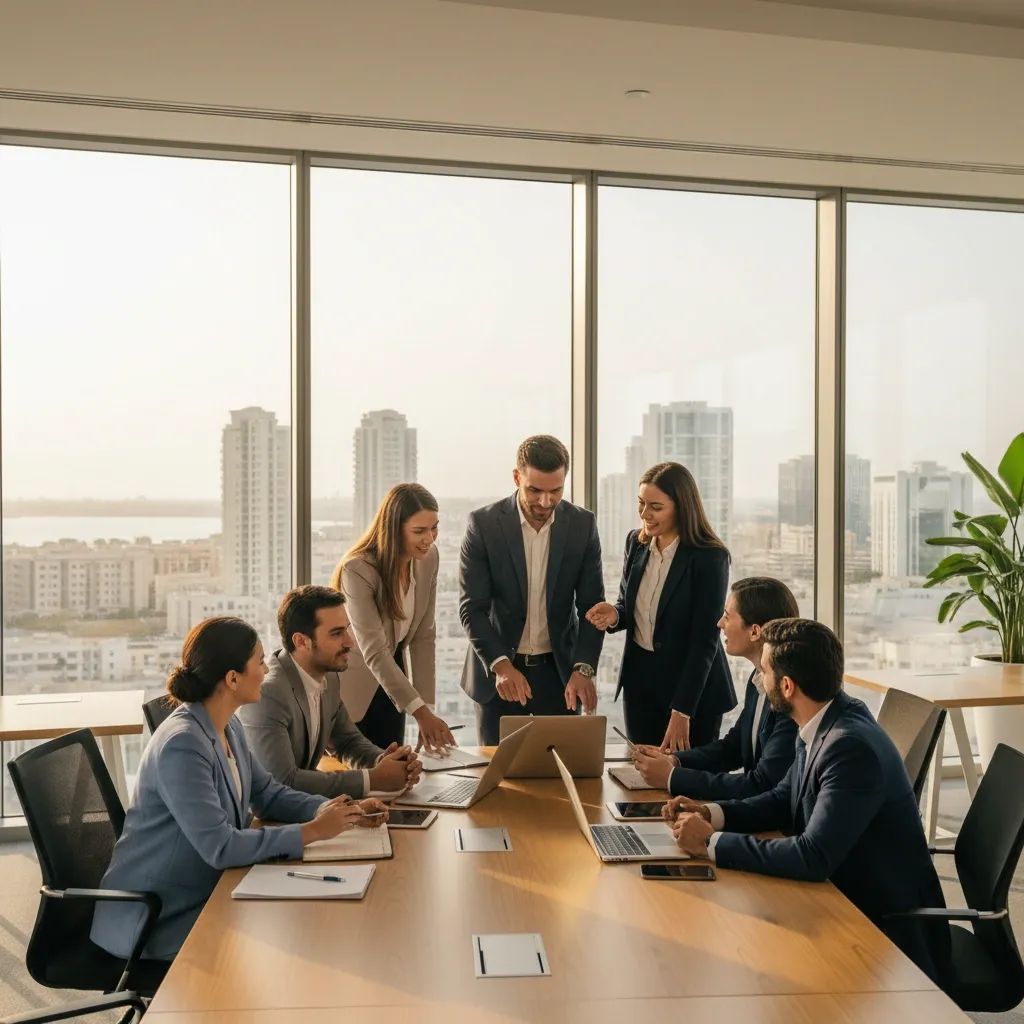 Business professionals working in a modern office environment with Ajman skyline view
