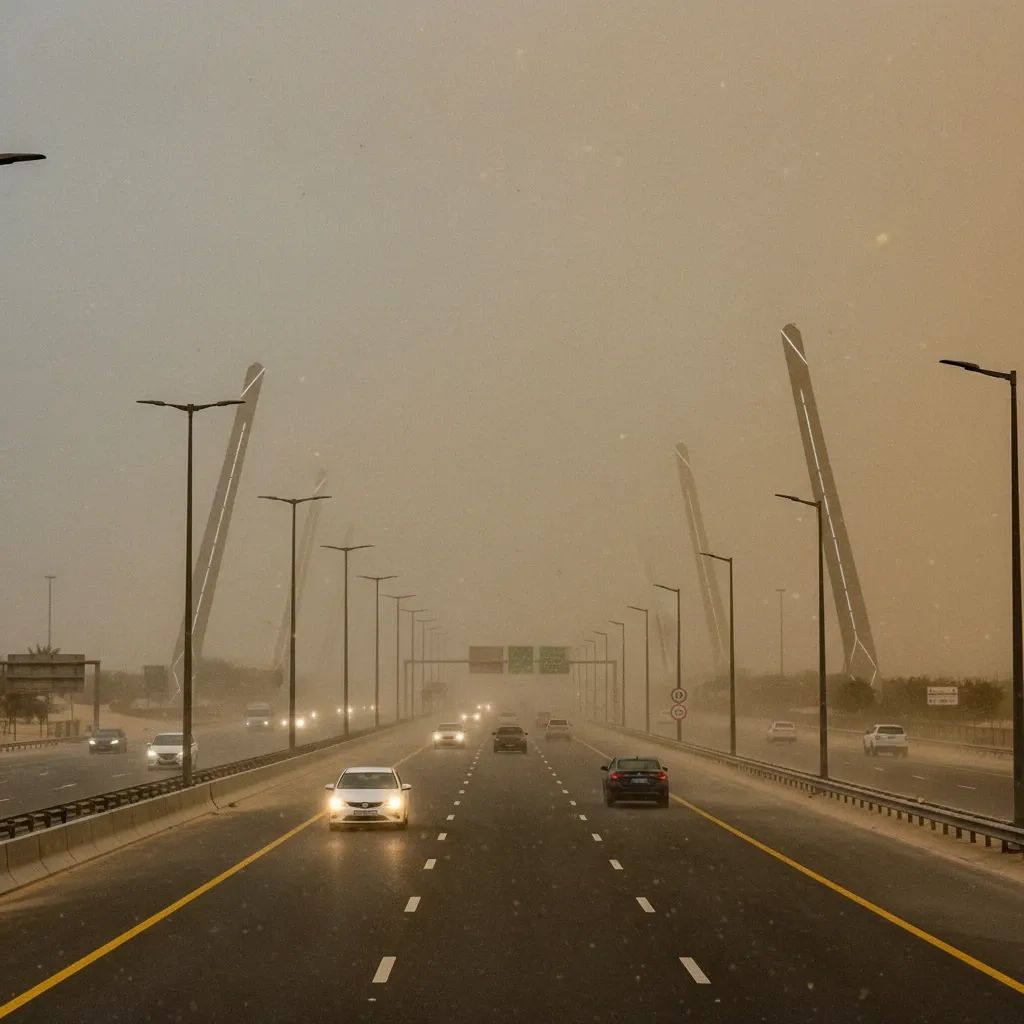 Vehicles driving through heavy dust storm with reduced visibility on UAE highway during weather disruption