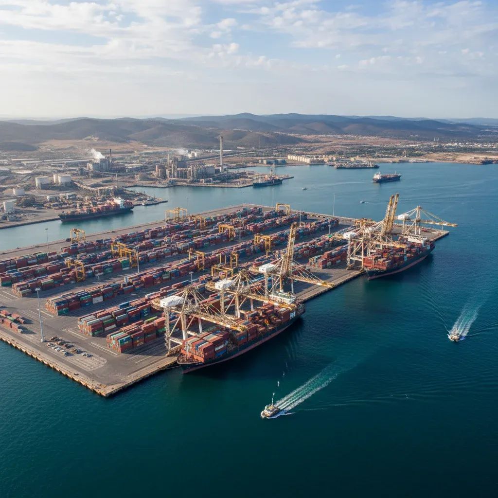 Aerial view of modern African port facility with cargo containers and industrial infrastructure