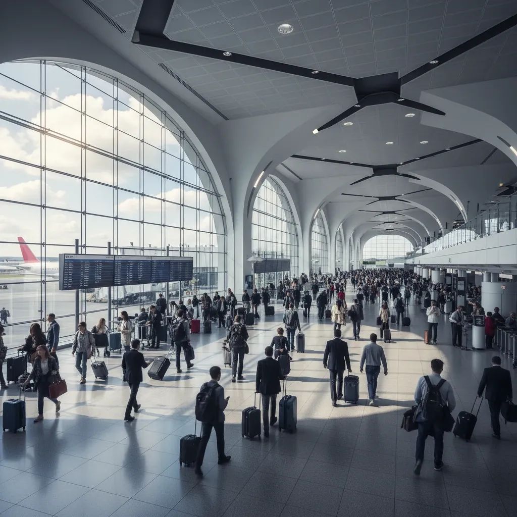 Busy airport terminal interior showing diverse passengers and modern architecture representing Dubai's record passenger volume
