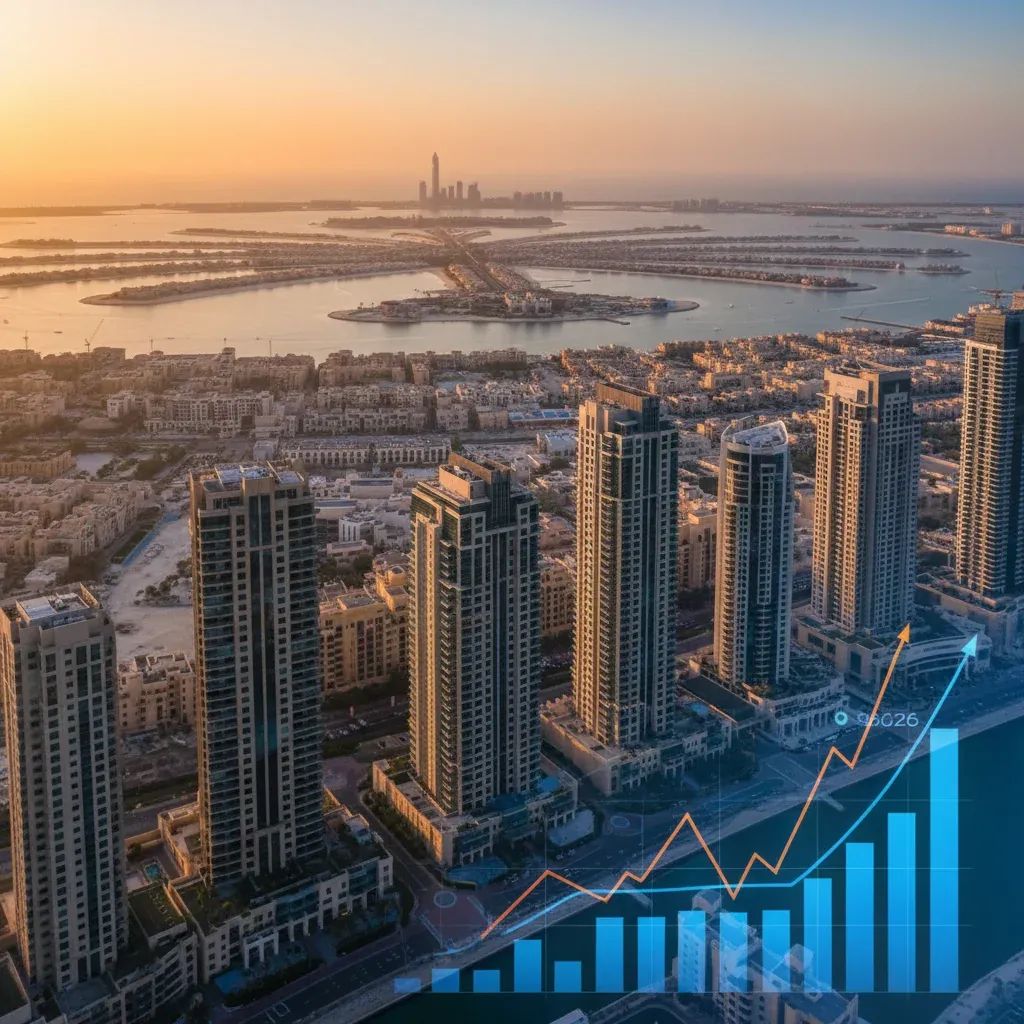 Dubai's modern skyline with luxury residential developments and Palm Jumeirah waterfront properties, representing the city's booming real estate market