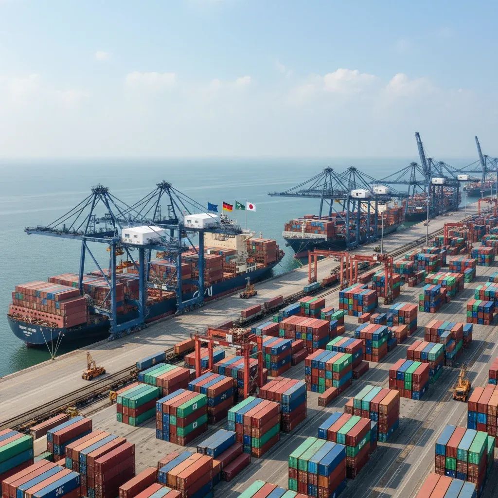 Cargo containers and shipping vessels at a modern international port terminal