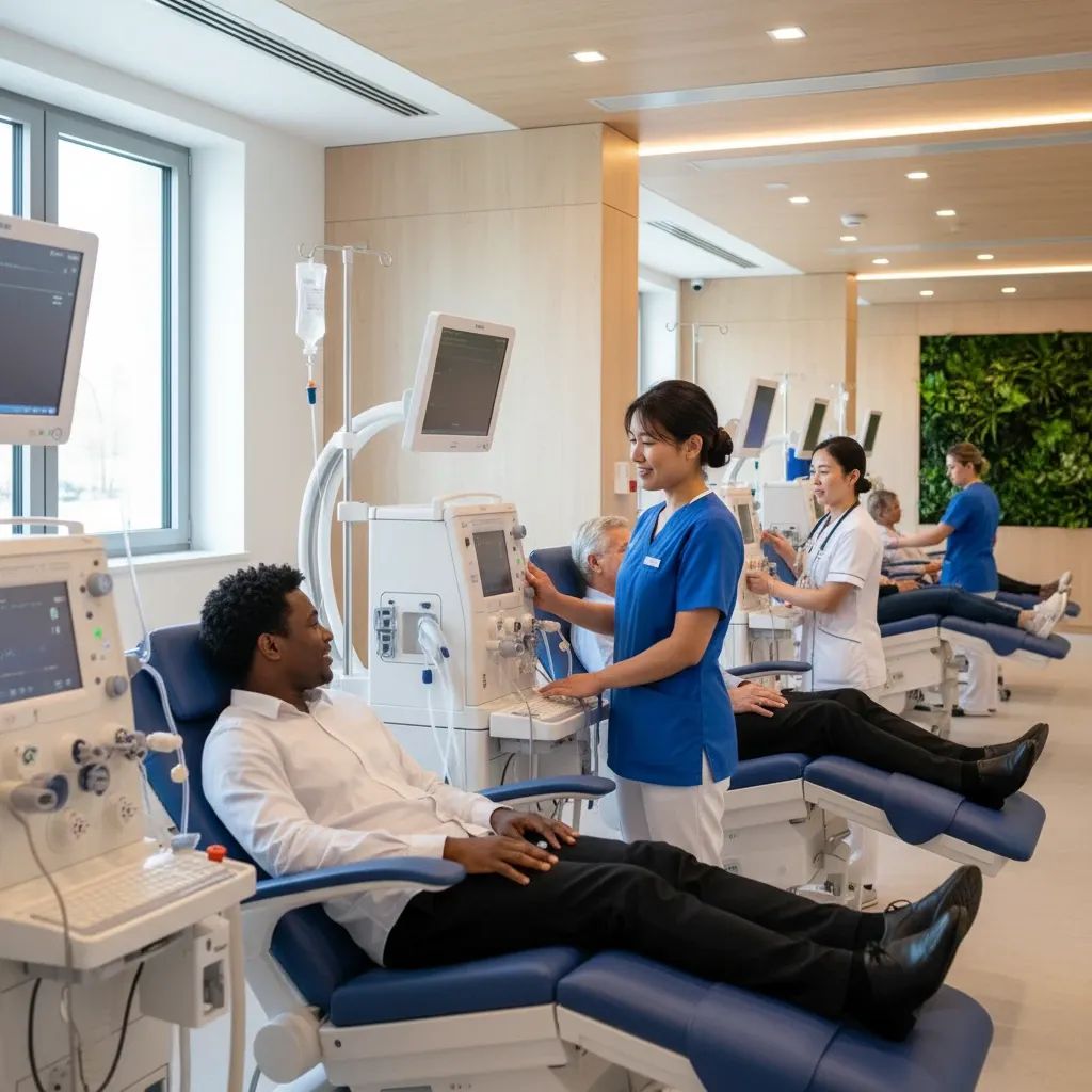 Modern healthcare clinic with medical equipment and diverse professionals providing patient care in sustainable medical facility