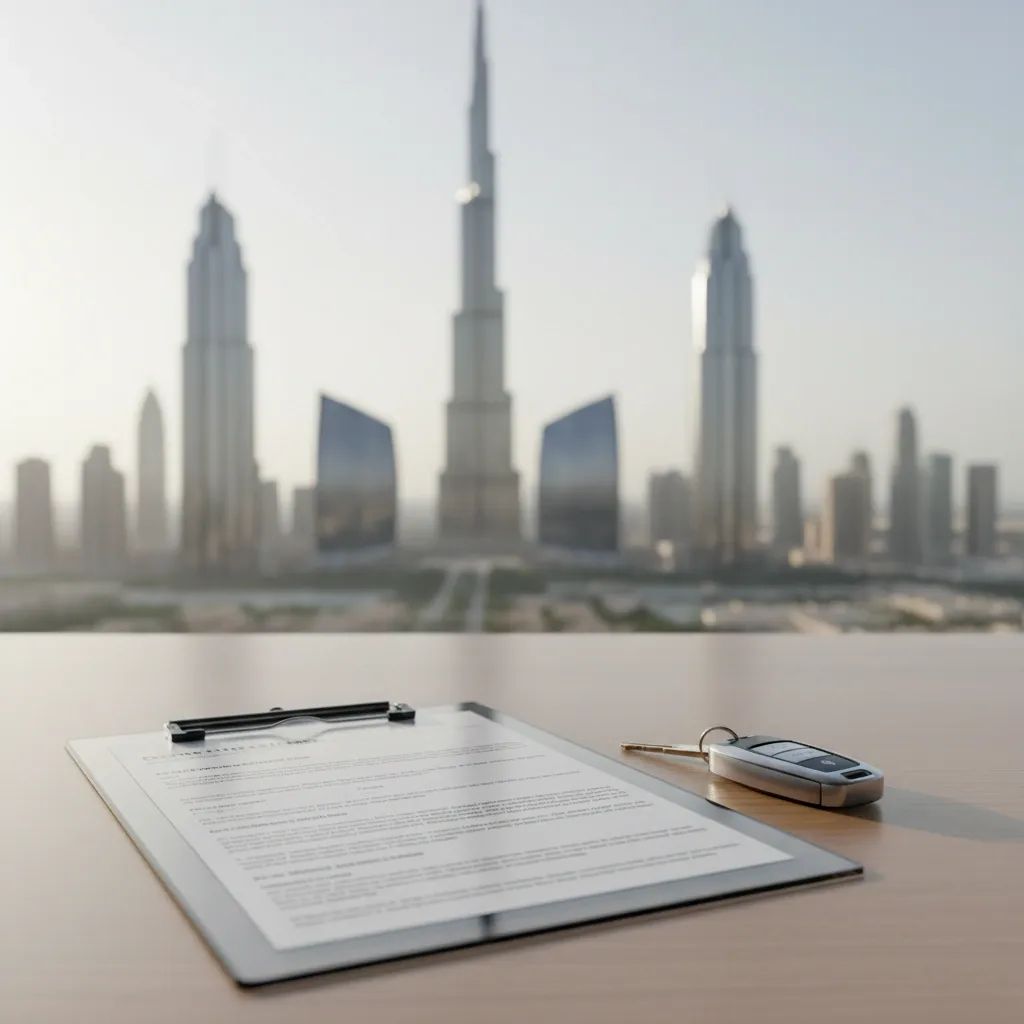 Car rental contract document with keys and pen, representing Dubai's new transparency rules for car rentals