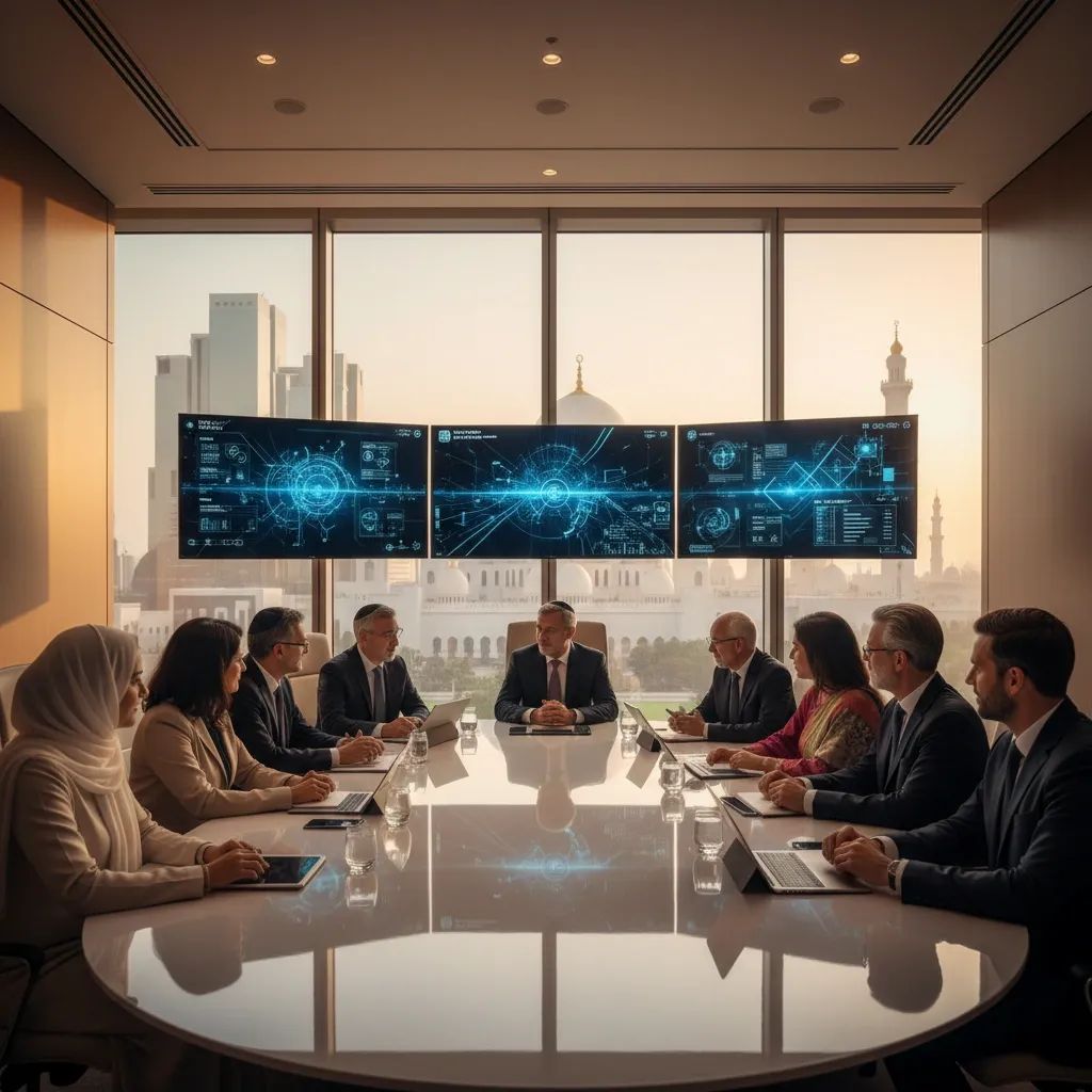 Diverse interfaith group in modern conference setting discussing AI governance and ethical technology frameworks