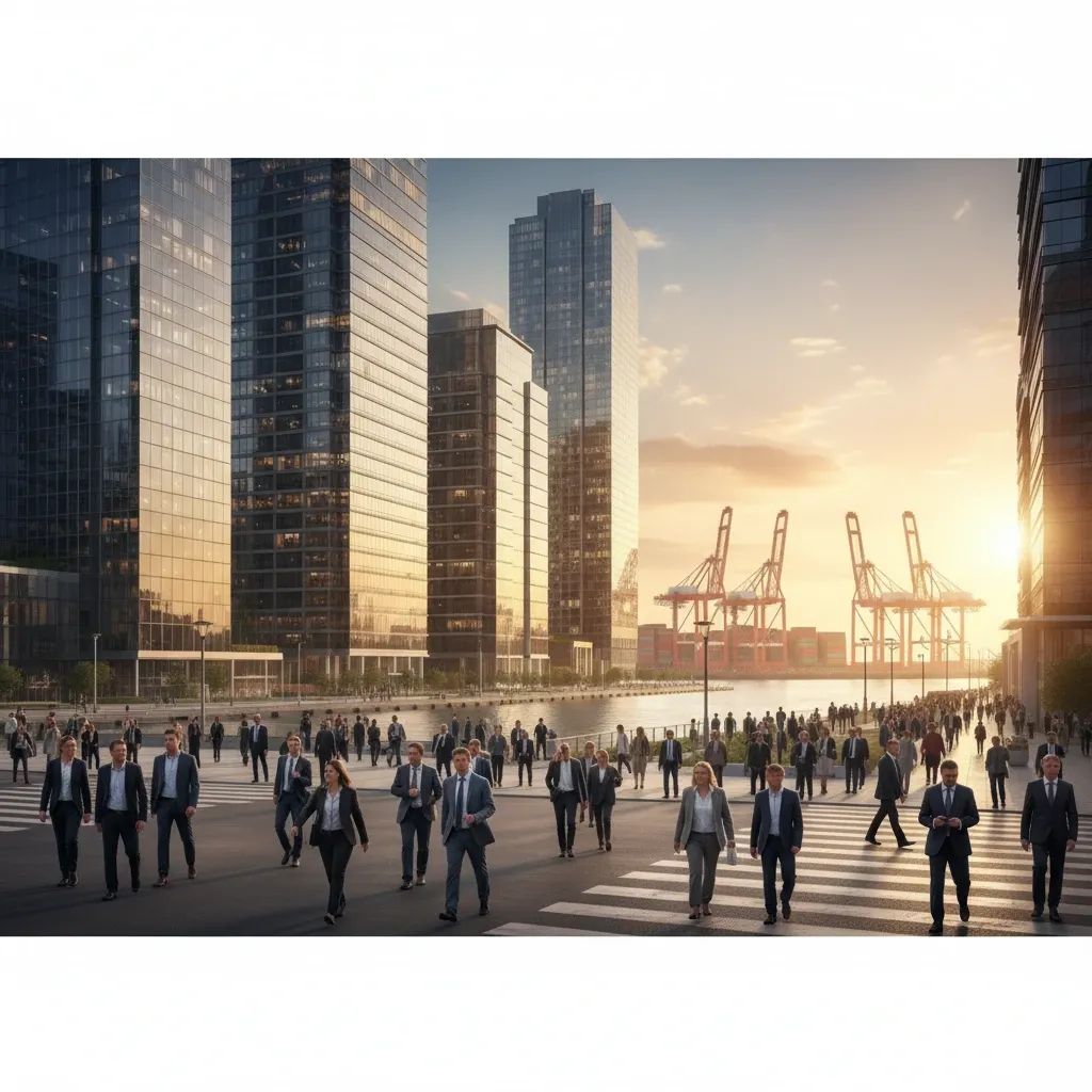 Modern UAE business district with skyscrapers, port infrastructure, and diverse professionals representing economic growth