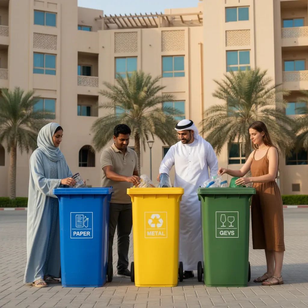 Diverse residents in Abu Dhabi sorting waste into color-coded recycling bins with modern buildings in background