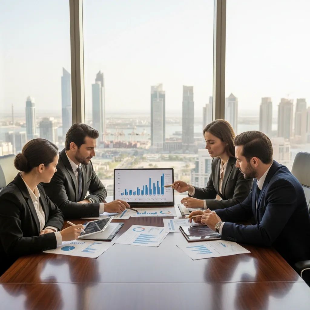 Business professionals reviewing economic stimulus plans in modern Dubai office setting