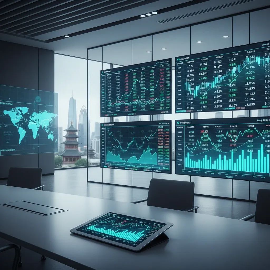 Financial professional analyzing market data with global investment networks displayed on screens