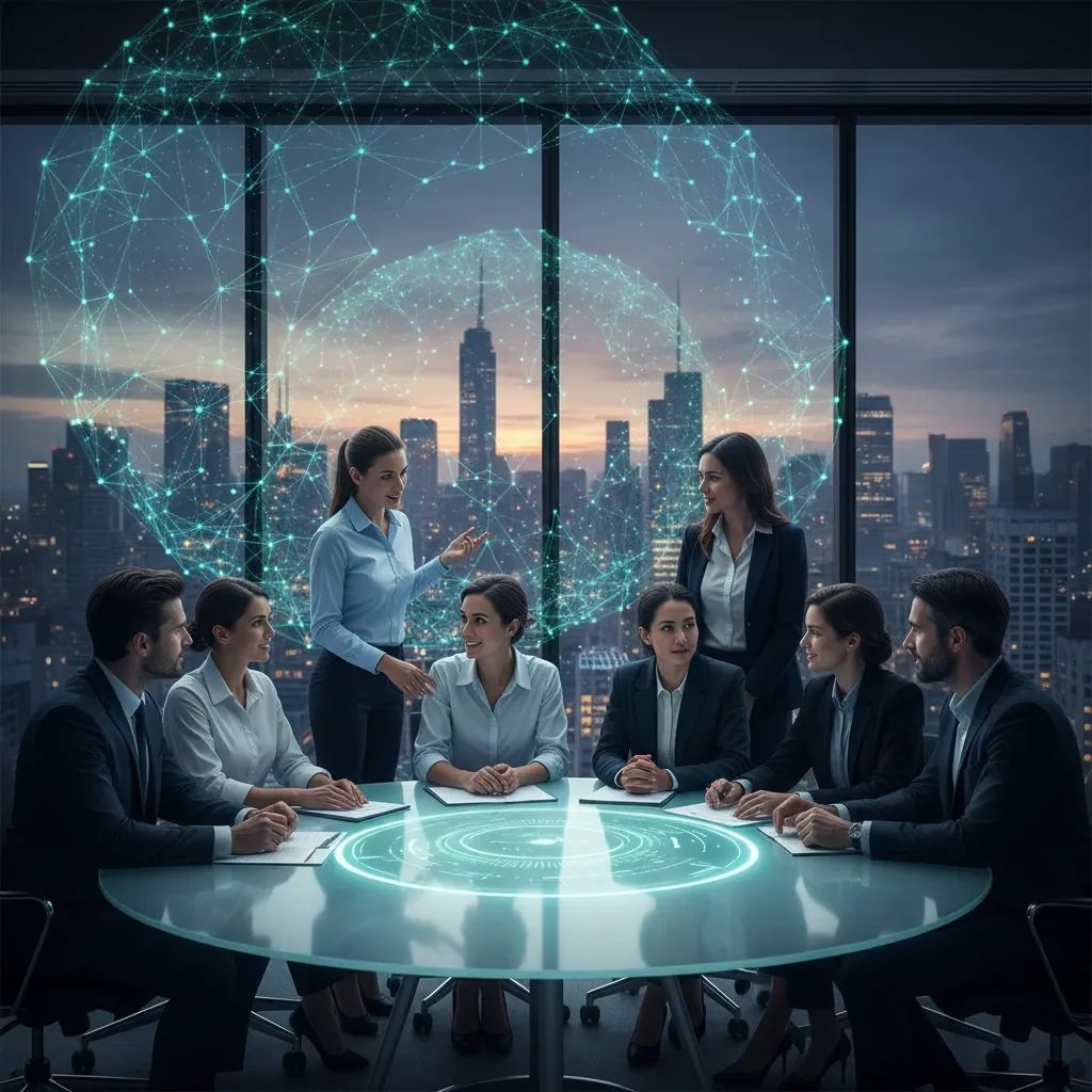 Tech professionals collaborating in modern office with AI network visualization in background