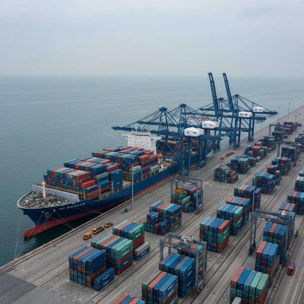 Container ship docked at cargo port with stacked containers and port infrastructure visible