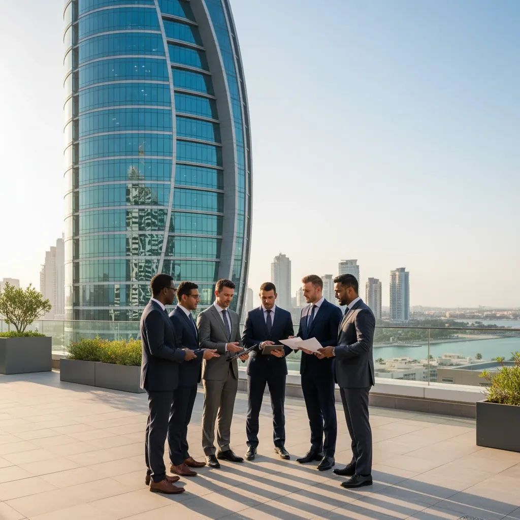 Business professionals reviewing documents with Abu Dhabi modern office buildings in background