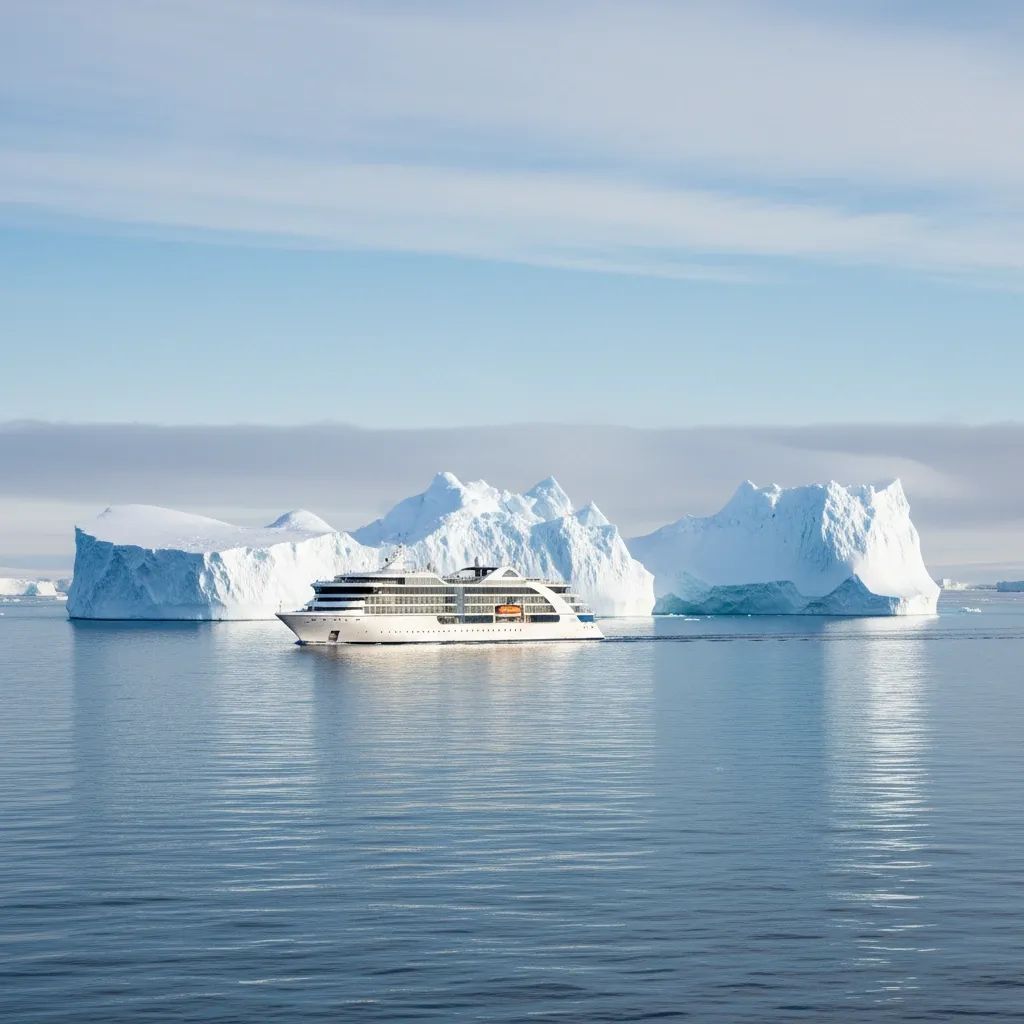 Polar expedition cruise ship navigating Arctic waters with icebergs