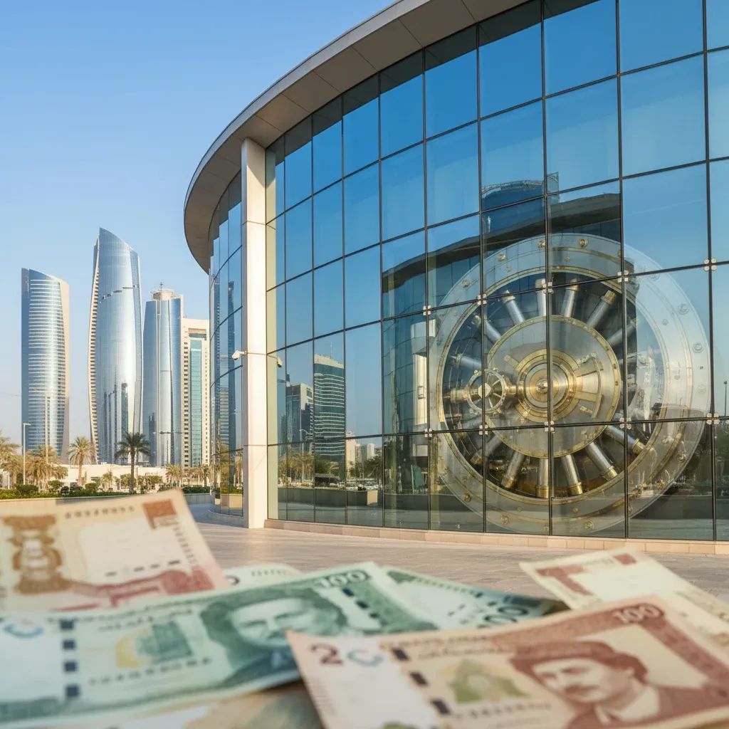 Modern Abu Dhabi banking tower with secure vault symbolizing deposit protection and financial safety