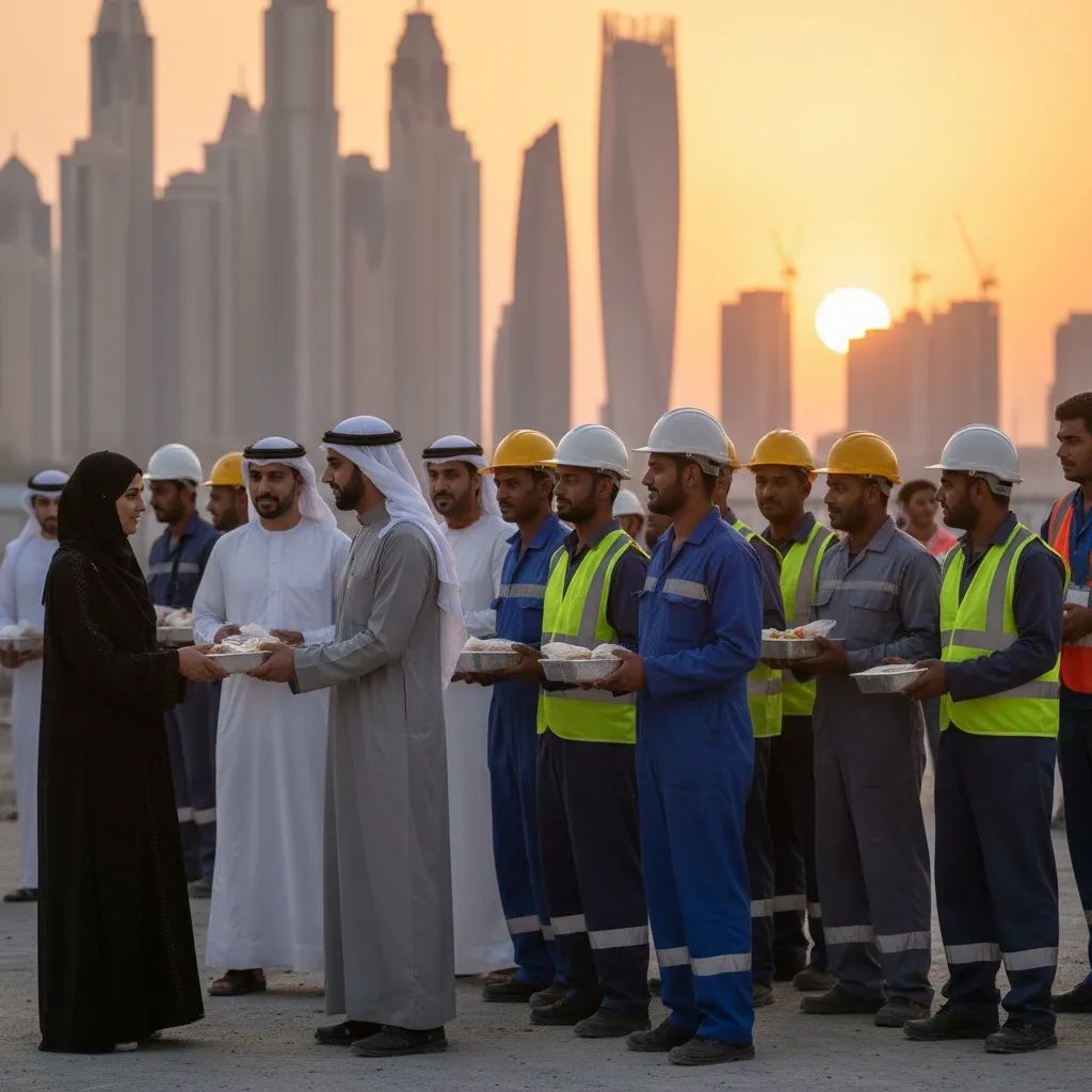 Volunteers distributing iftar meals to workers in Dubai during Ramadan community initiative