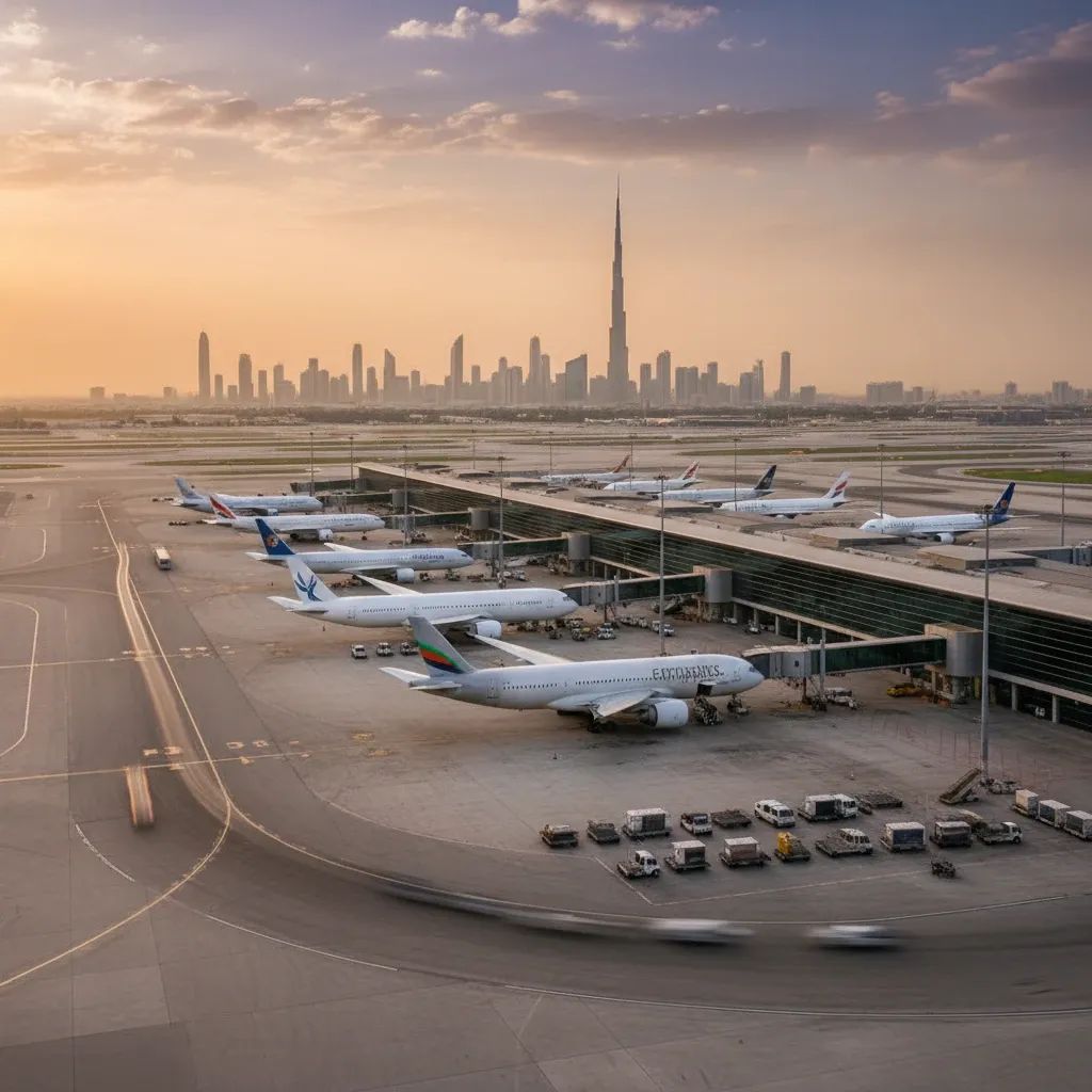 Wide-angle shot of Dubai International Airport with several planes before the Dubai skyline at dusk