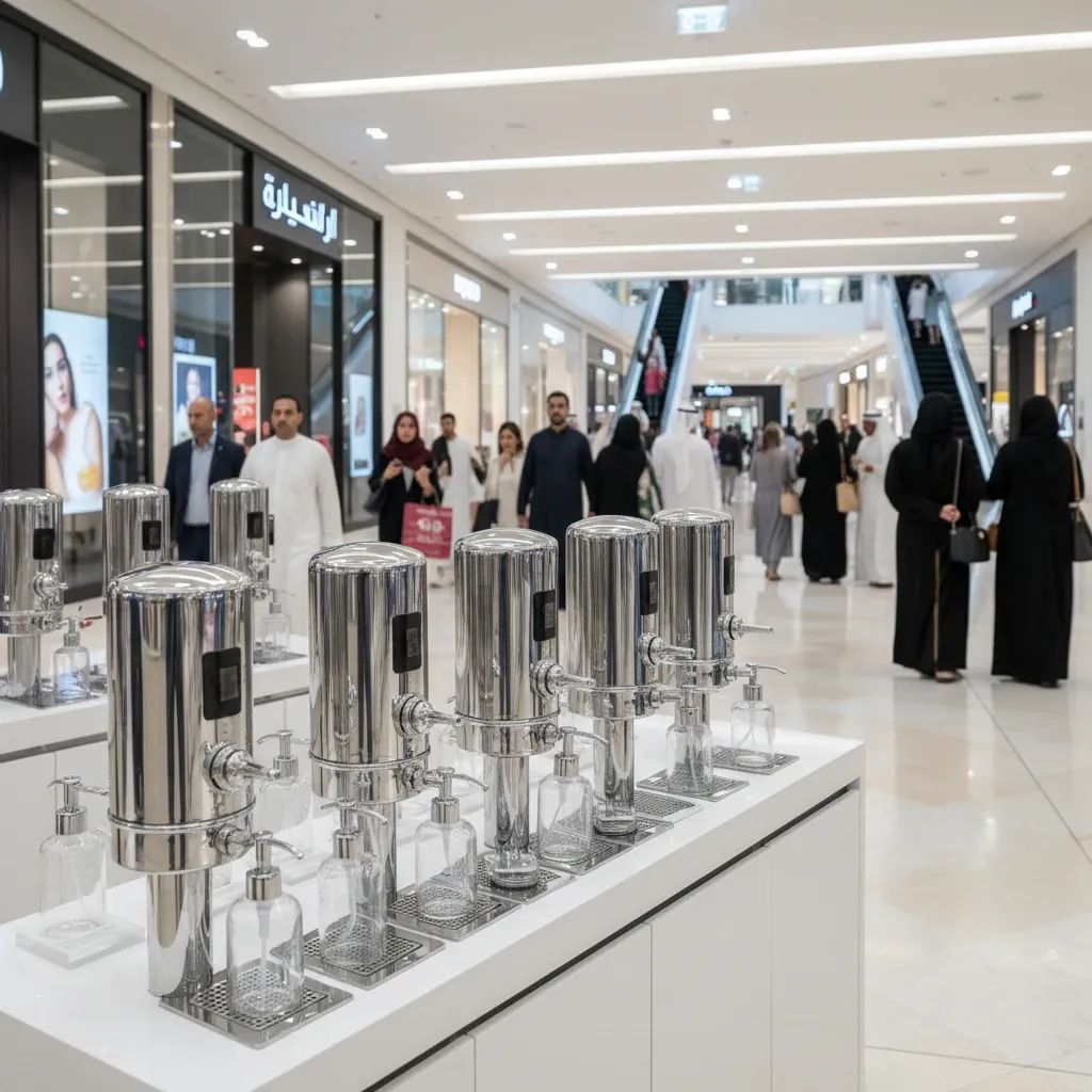Beauty refill kiosk with silver dispensers in a modern UAE shopping mall