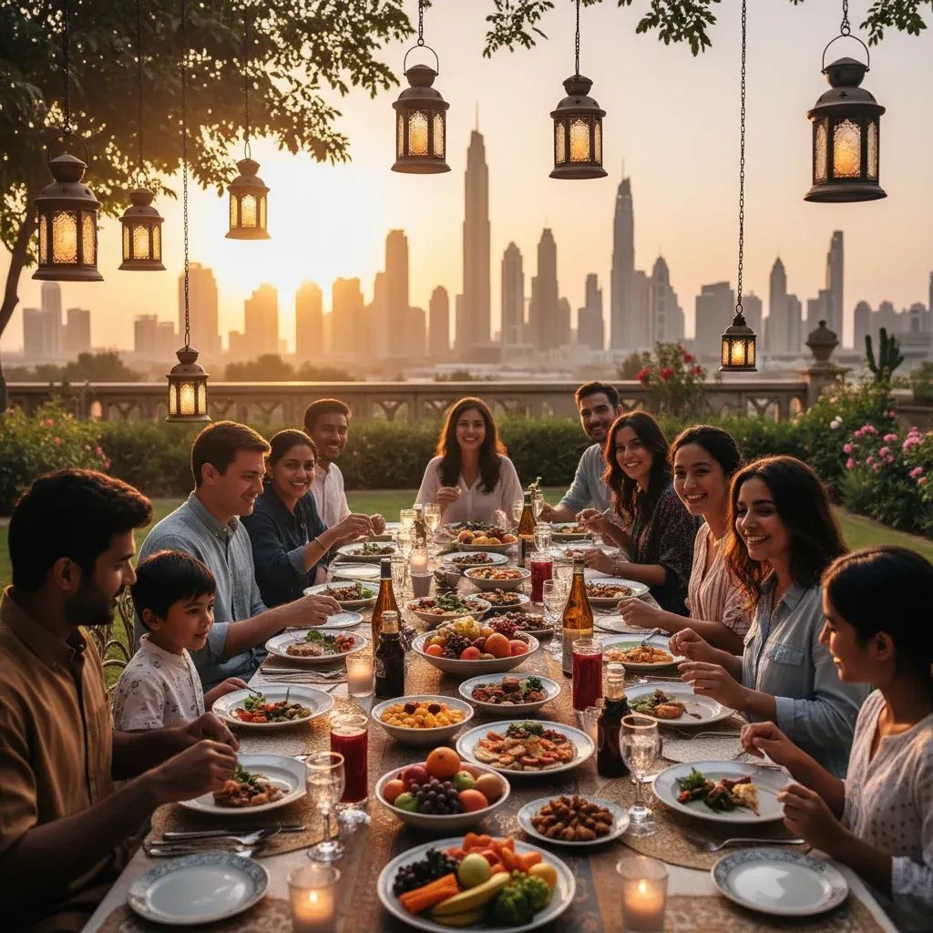 Diverse residents enjoying iftar meal together at sunset during winter Ramadan in UAE with comfortable outdoor setting and warm lighting