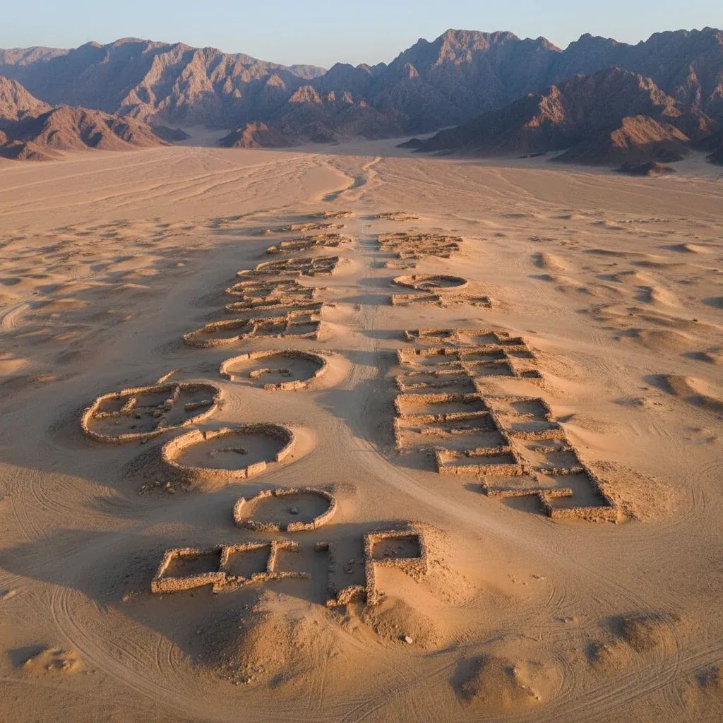 Aerial view of UAE desert archaeological ruins with Hajar Mountains backdrop in warm morning light