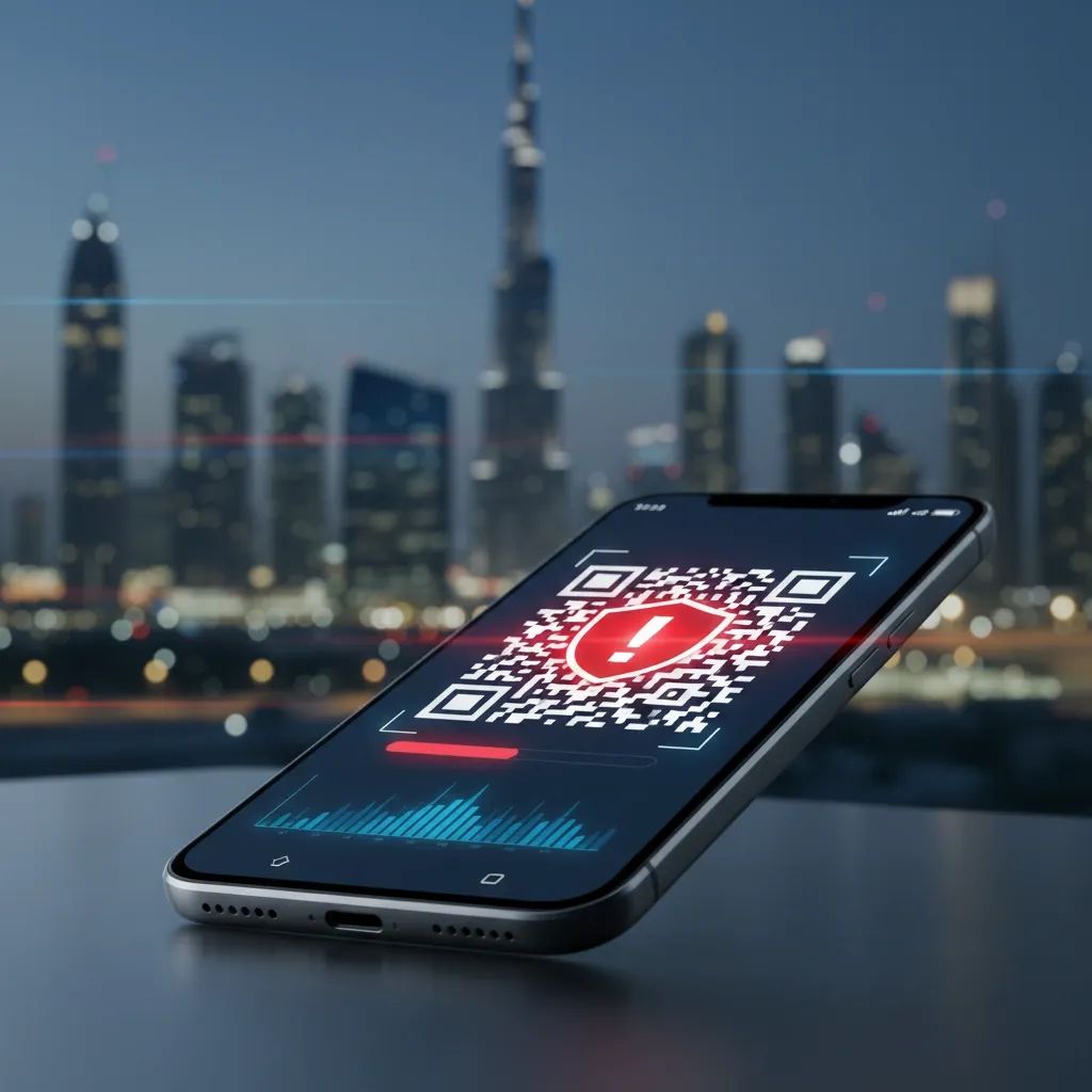 Smartphone displaying QR code scanner with cybersecurity warning symbol and Dubai skyline background