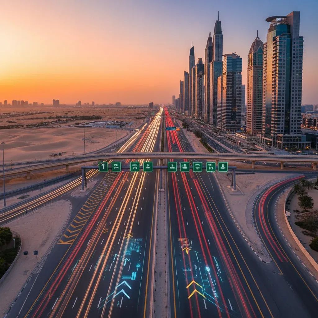 Dubai highway with AI-optimized traffic flowing smoothly under smart traffic signals at sunset