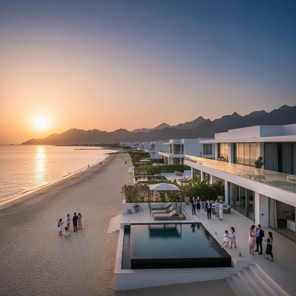Modern beachfront resort buildings overlooking Gulf of Oman with mountains in background and private beach area