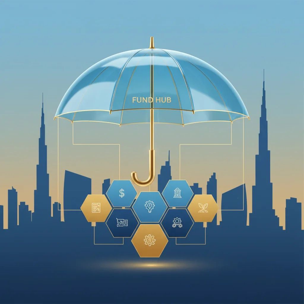Infographic showing umbrella structure with segregated fund cells and Dubai skyline silhouette