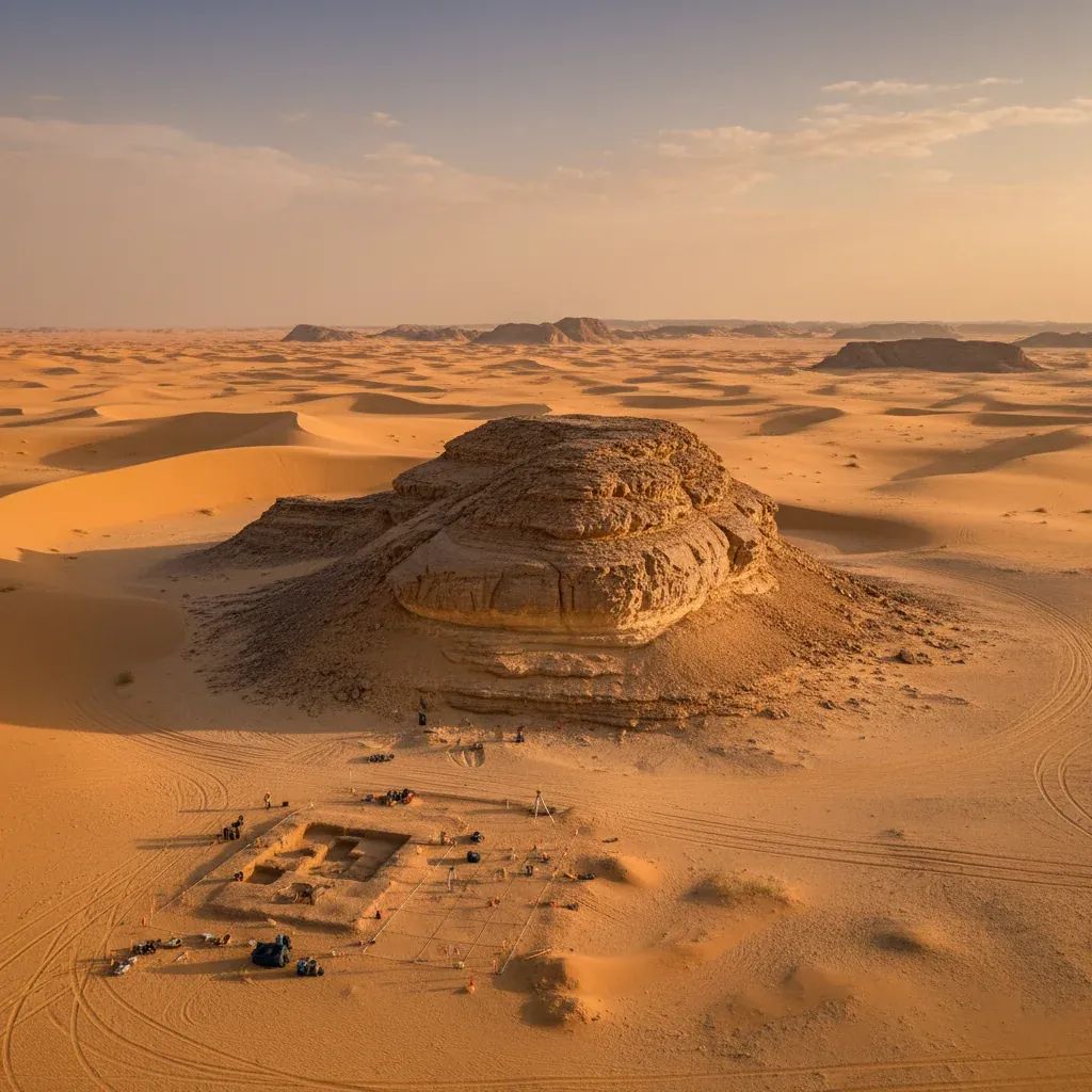 Archaeological excavation site at Al Faya desert landscape in Sharjah showing exposed geological layers and ancient rock formations